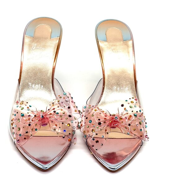 Christian Louboutin AQUA STRASS 80 PVC Crustal Bow Mule Sandals Heels - Picture 7 of 16
